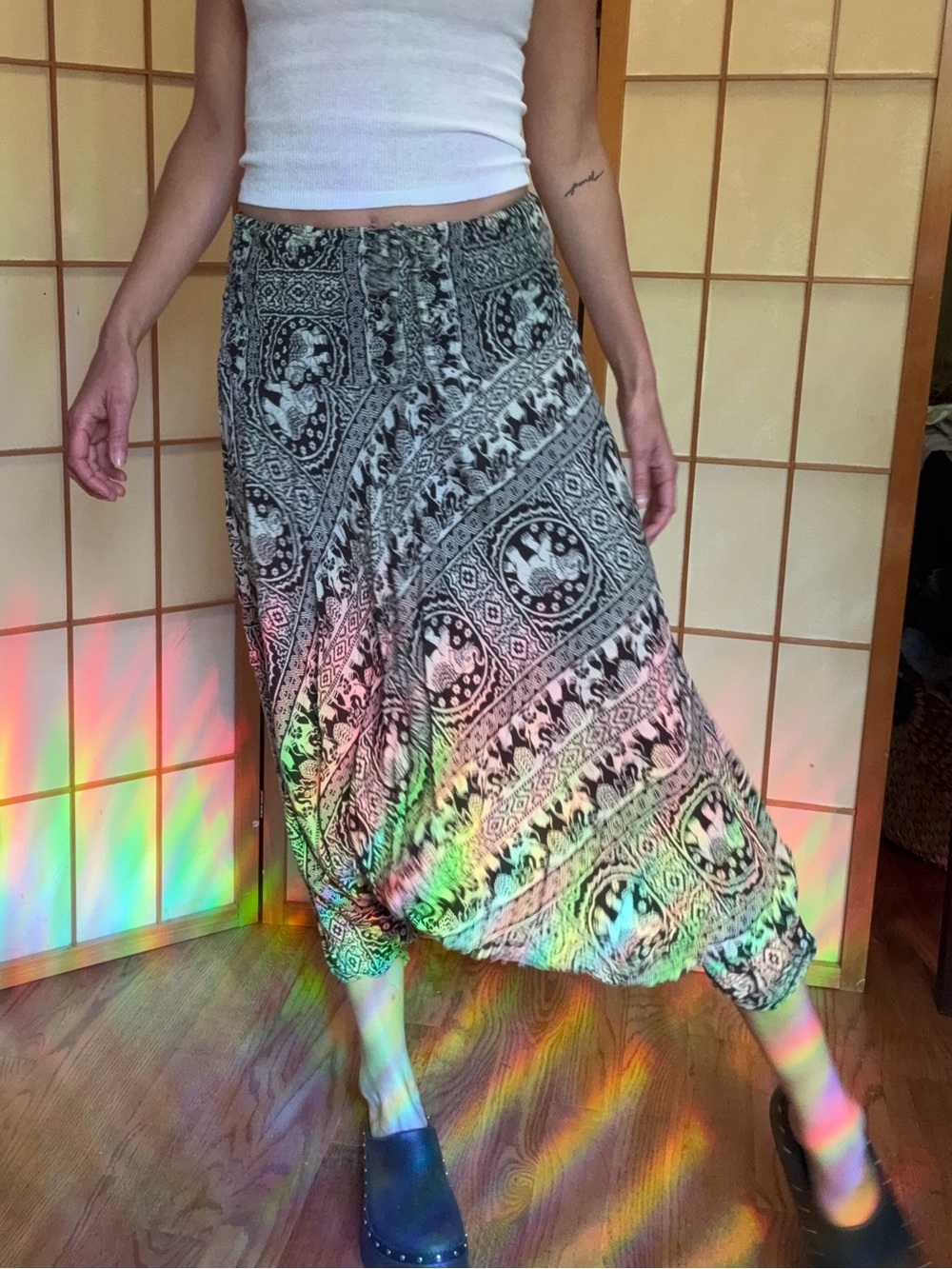 Elephant Print Harem Pants Drop Crotch Boho Festival Genie Black White OS